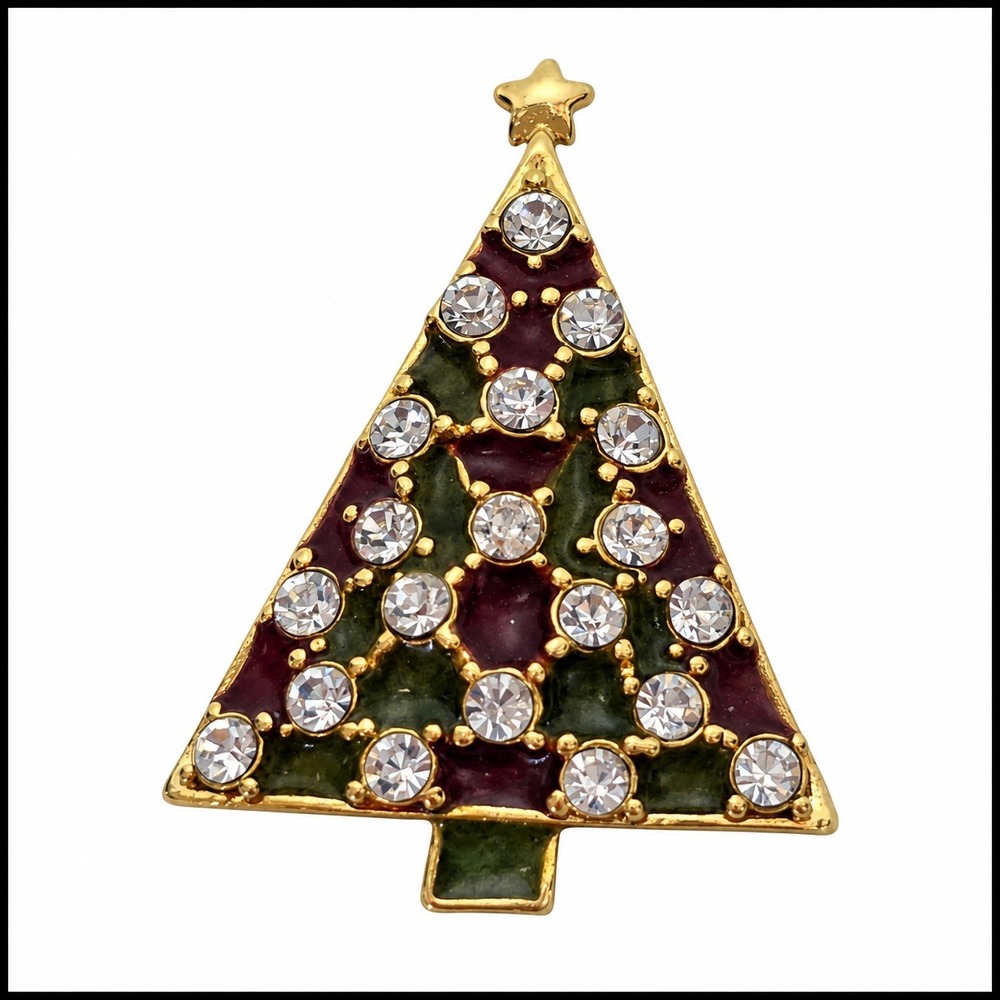 Gold Tone Christmas Tree Brooch Purple Green Enamel Rhinestone Star Holiday Pin